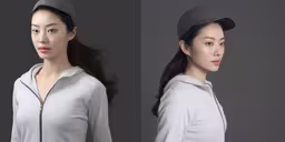 a woman poses with an unkempt hat on,two portraits of an asian woman