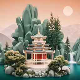 some trees that are near some rocks and a building