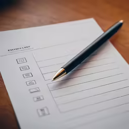 a pen is resting on a paper which is on a table