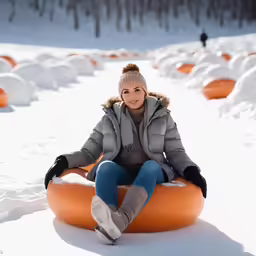 a woman is sitting on an inflatable tube in the snow