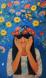 a woman with a floral crown covering her eyes