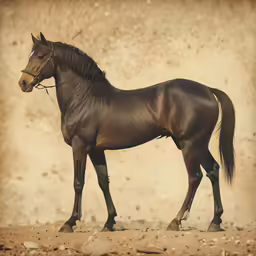 the brown horse is standing on a dirty ground