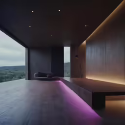 a large room with a couch in it next to a wall