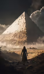 a woman looking at the top of a mountain