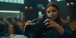 a woman sitting at a table holding up a camera
