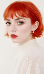 the woman is posing with red hair and makeup