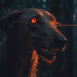 the light is red as it reflects on the dog