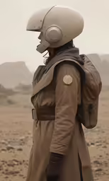 a person in an astronaut helmet and trench coat