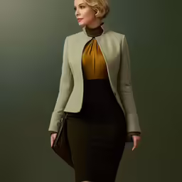 a beautiful blonde woman in a dress and jacket