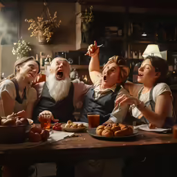 women laugh while a man and two women stand near them, eating and drinking
