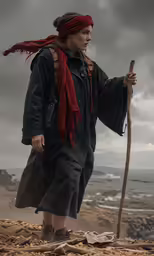 a person wearing an outfit and holding a long stick
