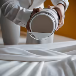 a person in white shirt with some brown paint
