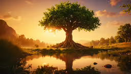 an abstract image with the sun setting on a tree and river,a tree standing on top of a river in the middle of a forest