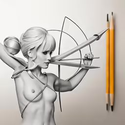 a pencil drawing of a naked woman holding two bow and arrows