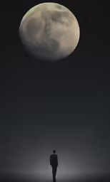 a man in black walking away into the distance towards a big full moon
