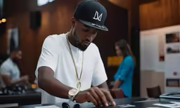 a young black man wearing a hat is touching a watch
