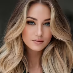 a woman with long hair wearing brown and white