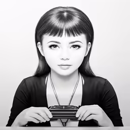 black and white portrait of woman holding a camera