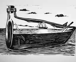 an artistic drawing of a bottle and a boat,a drawing of a boat with a bottle on it