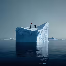 a man and woman standing on a iceberg that is floating through the ocean