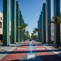 a street filled with palm trees and green and red lines