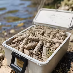 a container filled with dirt and rocks on the beach