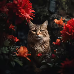 a very cute cat surrounded by red flowers