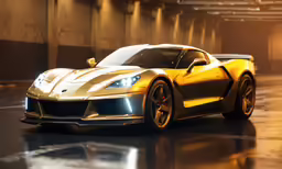 a yellow sports car sits on the road