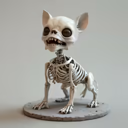 small statue of a kitten skeleton with a human body