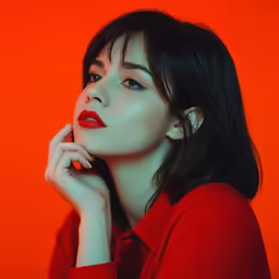 a woman with black hair and red shirt is posing