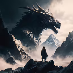 a creature standing in the middle of a mountain area with a man standing next to him