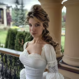 a woman standing on a balcony posing for a picture,a young woman wearing a white dress standing on a balcony