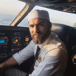 a man in a uniform smiles at the camera inside an airplane