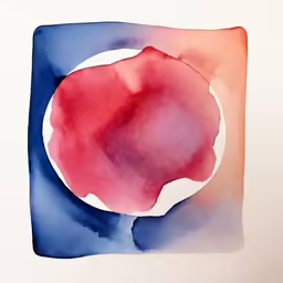 red round with blue square and pink circle painted on white paper