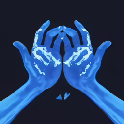 two blue hands reaching to each other with hands on them