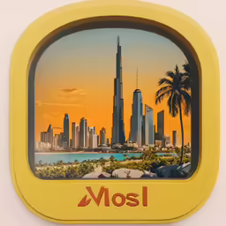 a window in front of a skyline and palm trees