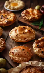 freshly baked pies ready to eat on a wooden table