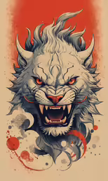 a wolf with red and black paint is shown in this image