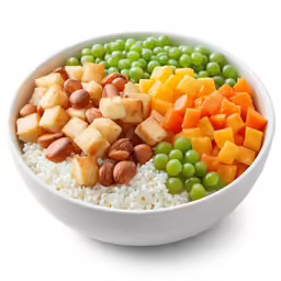 bowl filled with rice, peas, pineapple, almonds and carrots