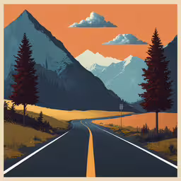 a highway with a painting on it that has a yellow line running past some trees and hills,a poster with the mountains and trees on it