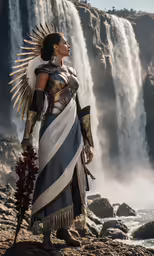 a woman dressed in costume standing in front of a waterfall