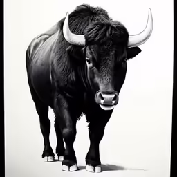 a bull with long horns standing next to a wall