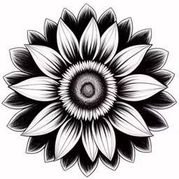 a sunflower with large petals, drawing in a black and white ink,a flower is drawn in black and white