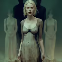 a drawing of a woman standing in front of three men