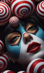 a close up of a woman with painted makeup and many red and white balls