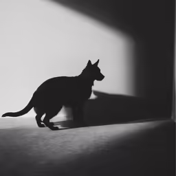 a cat silhouetted against a white wall next to a window
