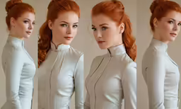 a very beautiful red haired woman in three different poses