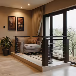 two pictures of trees and a couch sitting by a window
