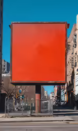 a red billboard sitting on top of a city street