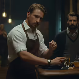 men are drinking beer in front of the counter